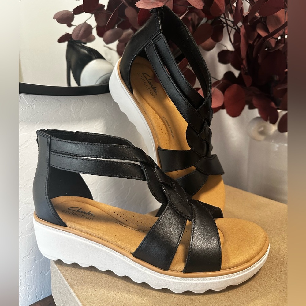 Jillian Bright Black Leather Wedge Strappy Heel